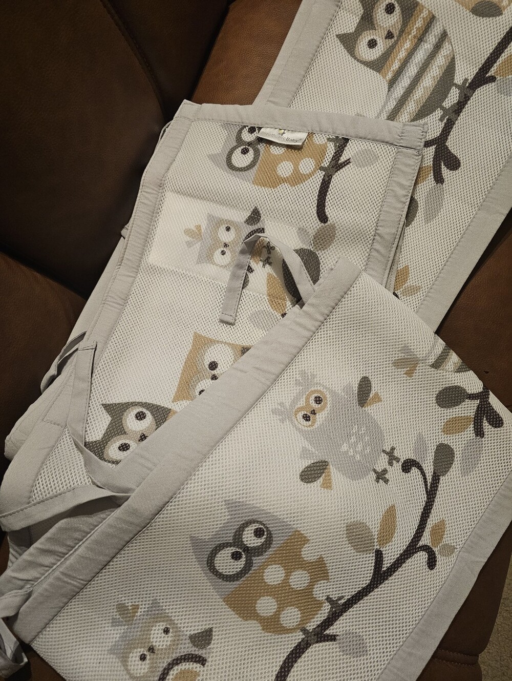 Breathable Mesh Crib Liner Owl Gray Woodland Forest Gender Neutral Standard Size